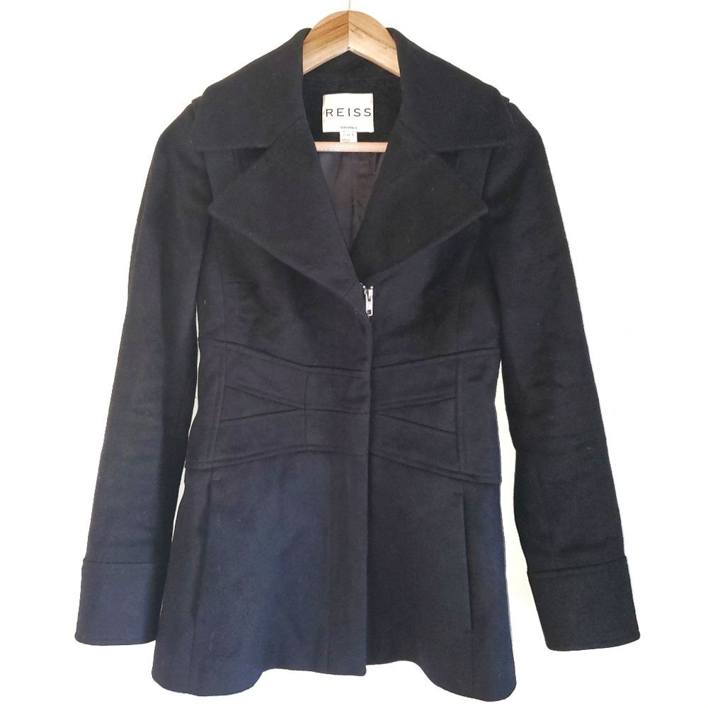 Reiss Wool Cashmere Fit and Flare Tailored Coat Black XS